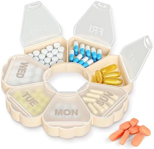 Enlarged Weekly Pill Organizer 7 Day, Daily Pill Box with Never Faded Etched 3D Date Labels, Travel Pill Case with Large Compartment for Medication, Vitamin, Fish Oil, Supplements-Beige