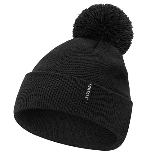 FURTALK Bonnet à pompon pour fille et garçon - Chaud - Bonnet d'hiver tricoté avec pompon, Noir , Small Cover