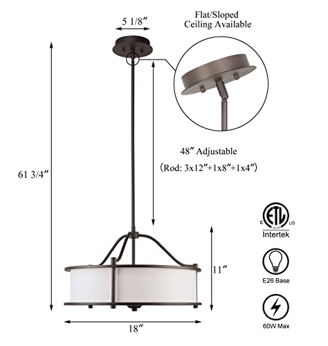 Xinbei Lighting Pendant Lighting 18 Inch 3 Light Drum Pendant Light With Fabric Shade And Glass Diffuser In Dark Bronze, Classic Convertible Drum Chandelier For Living & Dinning Room Xb-P1199-Db #TOP3