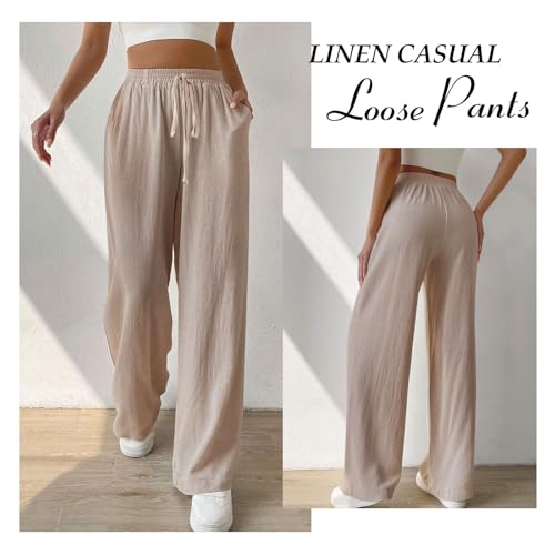 Risipu Women Linen Trousers Summer Wide Leg Trousers High Waisted Breathable Palazzo Casual Cotton Pants with Side Pocket (M, Khaki) - Image 2