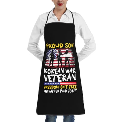 nopicsn Proud Son of a Korean War Veteran Apron for cooking with Pockets Women Men Kitchen Chef Funny Aprons