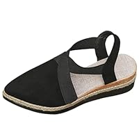 Momolaa UK 5.5 Closed Toe Sandals for Women Espadrilles Wedge Close Pointed Toe Elastic Ankle Strap Platform Sandals Backless Summer Shoes Black Clearance