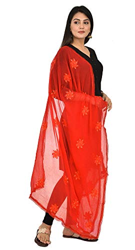 Image of YOUTHQUAKE Flower Embroidered Diamond Work Chiffon Dupatta for Womens & Girls With 4 Side Lace