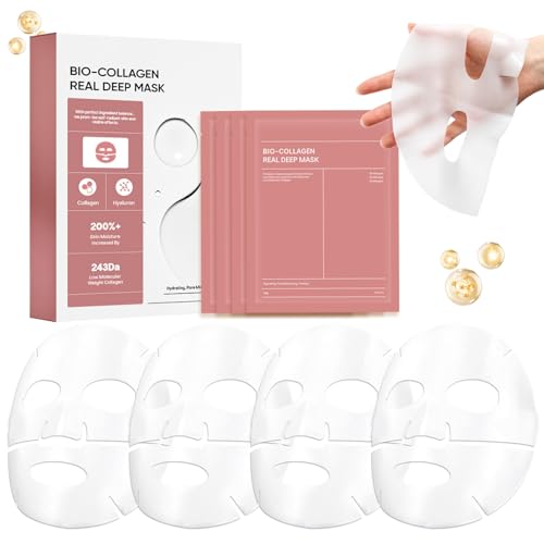 Miioto Bio Collagen Real Deep Mask, 4 Piezas Collagen Mask, Mascarilla Colágeno Noche, Mascarilla Hidratante Facial, Dirigido a Pieles Secas, Apagadas No Firmes (B)
