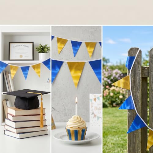 Image of 130FT Navy-Blue Gold Triangle Pennant Banner Flag Metallic Fabric Bunting Garland for Christmas Graduation Retirement Birthday Wedding Bridal Shower Nautical Ahoy Achor Party Decorations Supply
