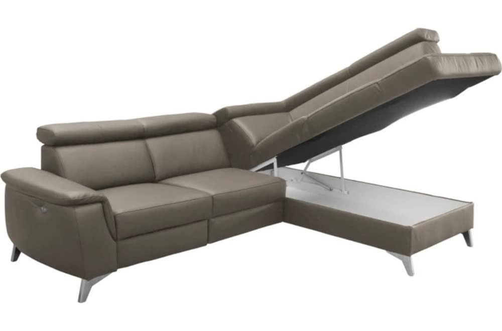 Canapé d'angle en Cuir Italien de Luxe 5/6 Places avec Relax électrique et Coffre, Lincoln, Taupe, Angle Droit