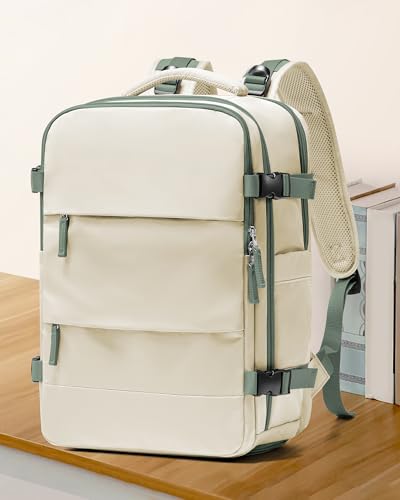 Image of coowoz Large Travel Backpack for Women Men,Carry On Backpack Flight Approved,Hiking Backpack Outdoor Rucksack Casual Daypack Fit 15.6 Inch Laptop Shoes Compartment White Green L