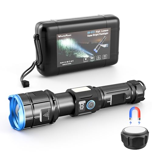 Wind&Moon High LM Tactical Torch with USB-C Fast Charge & Magnetic Base, IPX6 Waterproof, Adjustable Focal, LCD Power Display, COB Side Light for Camping, Emergencies (Includes Batteries & Lanyard)