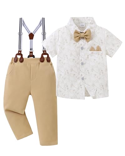 Image of YALLET Toddler Baby Boy Clothes Suit Gentleman Wedding Outfits Formal Dress Shirt+Bowtie+Suspender Pants