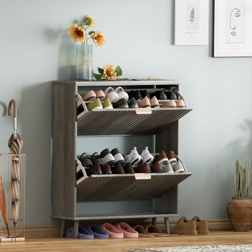 Image of Shoe Cabinet Storage,Modern Freestanding Organizer with 2 Flip Drawers,Narrow Shoe Rack Cabinet for Entryway,Grey