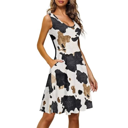Image of Women's Casual Loose Sundress Midi Sleeveless Crewneck Dress Summer Beach Tank Dress with Pockets