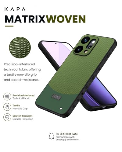 Image of Kapa MatrixWoven Grip Back Cover for Oppo Reno 14 Pro 5G | Woven Fabric & Leather Hybrid Camera Protection, Shockproof Slim Bumper Case (Olive Green)