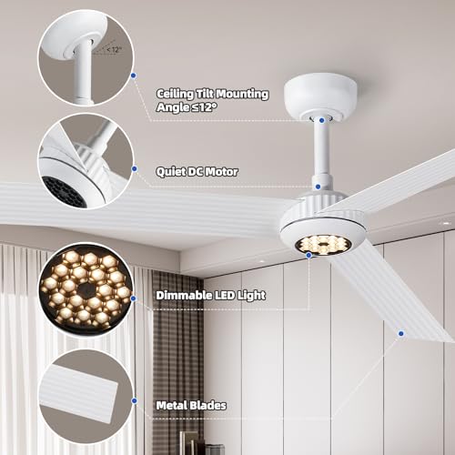 Image of TALOYA Ceiling Fans with Lights,Metal Body Fan,White Finish,Dimmable, Noiseless, Reversible DC Motor,Remote Control,6-Speed
