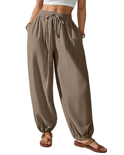 Bsubseach Womens Cotton Harem Pants Elastic Waist Baggy Pant Drawstring Lantern Trouser Loose Beach Pants with Pockets