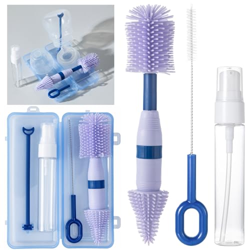 Image of 4-in-1 Portable Baby Bottle Brush, Travel Bottle Cleaner Kit with Silicone Bottle Brush, Nipple Brush, Straw Brush, Drying Rack, Dispenser, Organizer, Baby Travel Essential, Gifts for New Mom - Blue