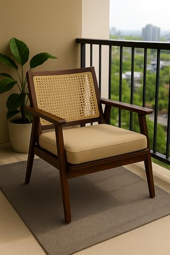 Image of Solid Wood Cane Lounge Chair | Handcrafted Wooden Armchair with Cushioned Seat | Premium Mid-Century Modern Accent Chair for Living Room, Balcony & Bedroom Walnut Finish