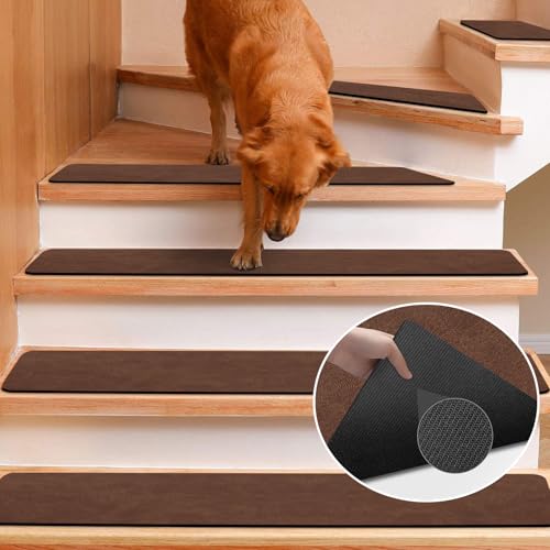 Image of Rubber Carpet Stair Treads Non Slip Set of 15, 8"x30" Stairway Mat Stair Rug, Reusable Staircase Covers Step Pads for Pet, Kids and Elderly, Deep Brown