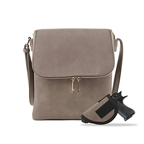 JESSIE & JAMES Double Compartment Flapover Concealed Carry Purses Handgun Crossbody Bag Shoulder Bag with Lock and Key| Dark Stone