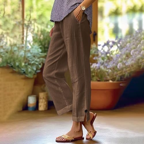 Linen Pants for Women Baggy Boho Casual Palazzo Pants Pull On Elastic Smock Waist Loose Flowy Capri Pant with Pockets2