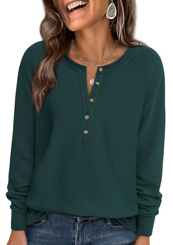 Image of PRETTYGARDEN Women's Long Sleeve Waffle Knit Henley Shirts Loose Tunic Tops