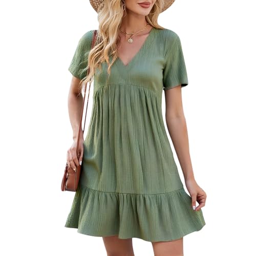 Neteson Sommerkleid Damen Leicht Elegant V-Ausschnitt Strandkleider Boho Luftig Knielang Kleider A-Line Freizeitkleid Ku...
