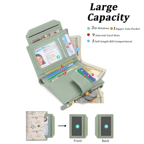 GAEKEAO Small Wallets Woman RFID Blocking Vegan Leather Bifold Floral Ladies Compact Card Holder with Zipper Pocket ID Window2