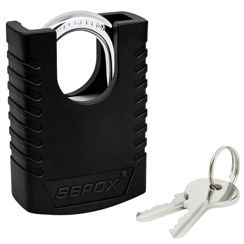 SEPOX® Heavy Duty Outdoor Padlock with 2 Keys – 3-3/16' (80mm) Weatherproof Rustproof Lock for Gate, Fence, Shed, Toolbox – Black