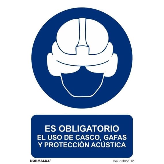 Señal que indica Es Obligatorio el Uso de Casco Gafas y Protección Acústica SEKURECO