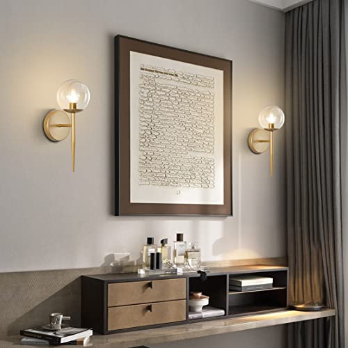 Image of BOKT Vintage Brushed Gold Bathroom Wall Sconce Set of Two Mid Century Modern Globe Vanity Wall Sconce Lighting Set of 2 Bedroom Bar Wall Lamp Amber Glass Wall Lights (Amber)