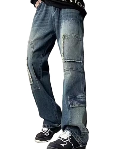 Men's Loose Fit Motorcycle Multi-Pockets Workwear Denim Cargo Jeans Baggy Straight Fit Wide Leg Pants2