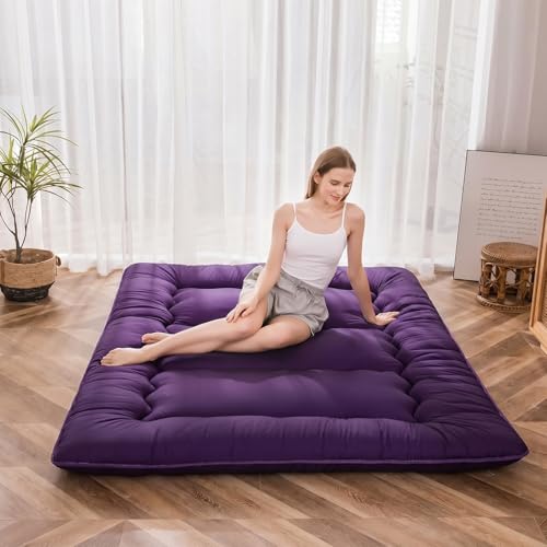 Image of MAXYOYO Japanese Floor Futon Mattress, Roll Up Floor Mattress for Adults Foldable Tatami Mat Sleeping Pad Dormitory Couch Lounger, Purple, Twin Size