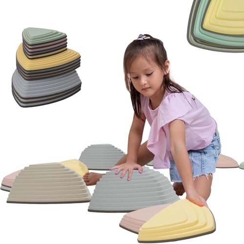 Image of 12 Pcs Non-Slip Stepping Stones for Kids – Obstacle Course, Indoor & Outdoor Sensory Playground – Develop Balance & Coordination – Includes Hopping Stickers (Calming Pastel)