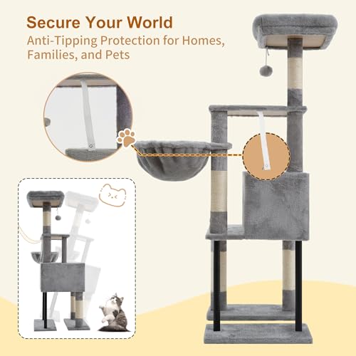 Image of Heybly Cat Tree with Toy, 49.2 inch Cat Tower for Indoor Cats HCT200SW-1 | Spacious Cat House Condo with Hidden Space，Soft Plush Top Perch，Cozy Hammock and Sisal Scratching Posts, Light Gray