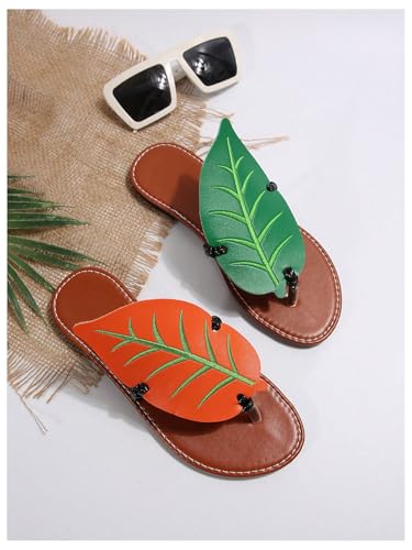 Women's Boho Leaf Appliques Thong Sandals Open Toe Outdoor Flip Flops Casual Slippers3