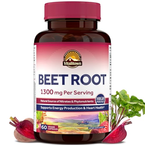 Vitalitown Beet Root Capsules 1300 mg with Organic Beet Root, Natural Nitric Oxide Booster, Superfood for Healthy Heart & Energy Levels, High Potency Supplement, 60 Vegan Capsules, Non-GMO