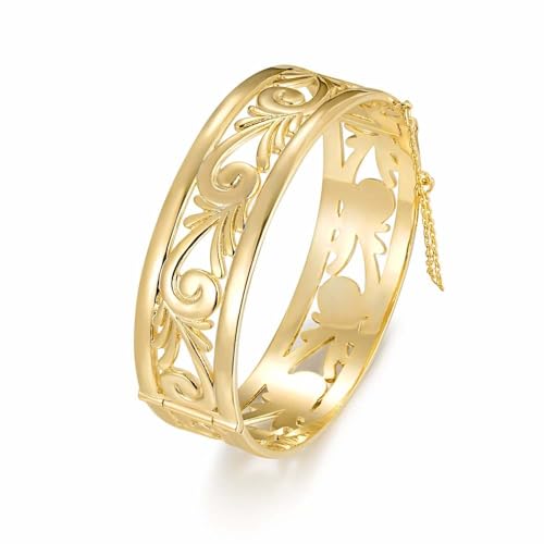 Image of THE BLING KING Luxury 18K Gold-Plated Filigree Bangle Bracelet with Safety Chain Luxury Finish, Intricate Detailing, and Premium Craftsmanship (Adjustable Length, 46.5g Weight, 20mm Width)
