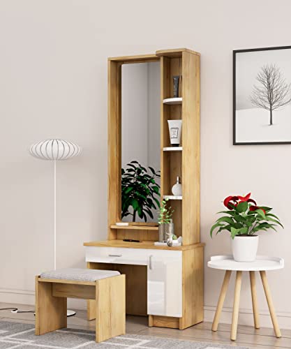 Image of Bniture Wooden Dressing Table for Bedroom with 1 Drawer, Mirror and Huge Storage Space with Stool | Long Dresser Vanity Table with Mirror(40D x 68W x 175H CM) (Giant Wood & Frosty White)