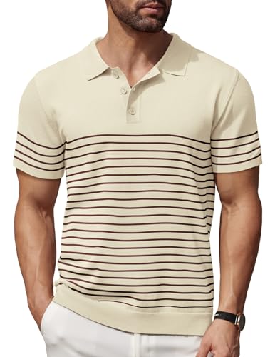 COOFANDY Polo de Manga Corta para Hombre de Punto a Rayas con Botones Polo Camisas de Golf