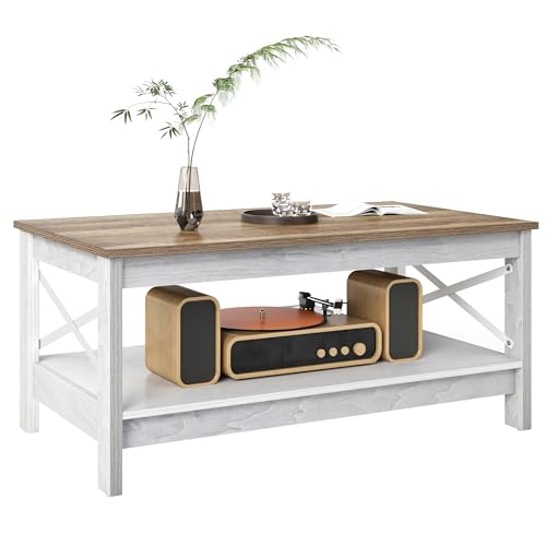 GOOBED Modern Coffee Tables for Living Room with Storage, Farmhouse 2-Tier Rectangular Coffee Table, 39.4" Coffee Table with Ample Storage Ideal for Living Room Home Office, Gray Wash