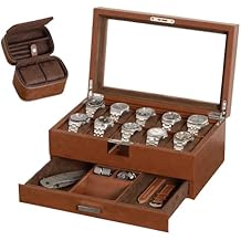 Gift Set 10 Slot Leather Watch Box with Valet Drawer & Matching 2 Watch Travel Case - Luxury Case Display Organizer, Locking Mens Jewelry Watches Holder, Mens Storage Boxes Glass Top Tan/Brown