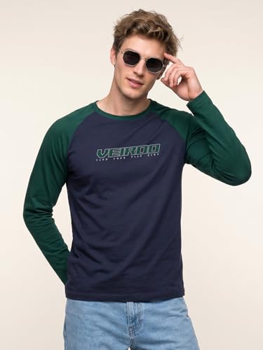 Image of Veirdo Pure Cotton Regular Fit Round Neck Front Chest Typographic Logo Printed Raglan Full Sleeve T-Shirt for Men (Colors: Green, Brown & Maroon)