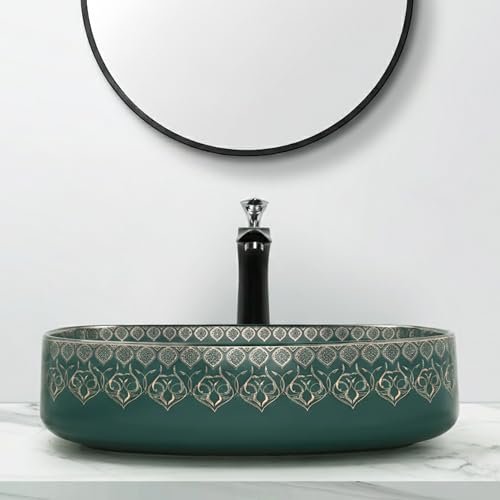 Image of BASSINO 21x14x6 Inches Designer Moroccan Ceramic Table Top Wash Basin /Green Matte & Gold Floral Art Sink for Bathroom /Handcrafted Rectangular Countertop Washbasin for Office /Hotel(Matt)