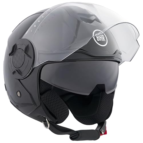 BHR Casco Jet Doppia Visiera 830 FLASH, Casco Scooter Omologato ECE 22.06, Casco Moto Jet Leggero & Confortevole con Visiera Interna Parasole, Nero Metallizzato, XL