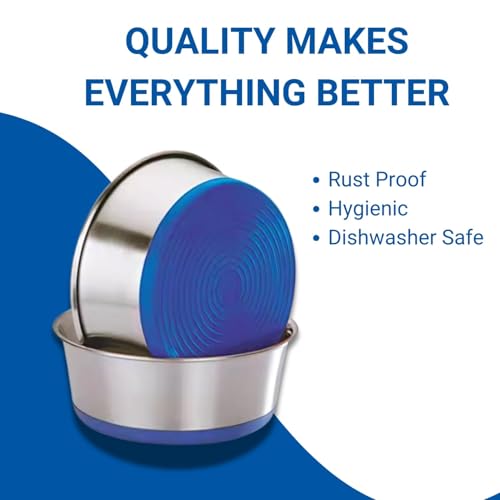 Image of Stainless Steel Dog Bowl with Non-Slip Silicone Base | Food & Water Bowl for Dogs & Puppies | Rust-Resistant, Heavy Duty, Easy to Clean, Anti-Skid Pet Feeding Bowl | Silver & Blue (1 Piece) (250)