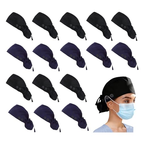 Adboros 16 Pcs Scrub Caps for Women with Buttons Satin Lined Cotton Working Hat Sweatband Ponytail Pocket Elastic Tie Adjustable Pouch Tie for Nurses