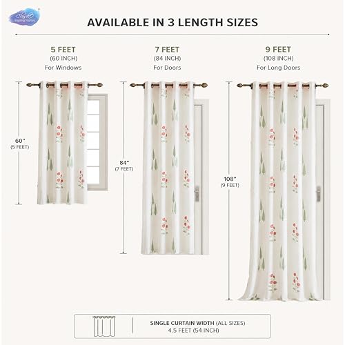 Image of Clasiko Block Print Sheer Window Curtains; 40% Light Filtering Linen Textured Curtains with Eyelets; Set of 2; 54x60 Inches / 5 Feet; Elysian Blossom