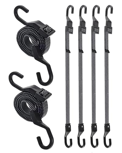 6 Pcs 40 Inch Flat Adjustable Bungee Cords with Hooks 3X Faster to Adjust The Length Lucky Straps Black Heavy Duty Bungee Straps for Cargo Bike Cart Tent Truck Camping Outdoor etc