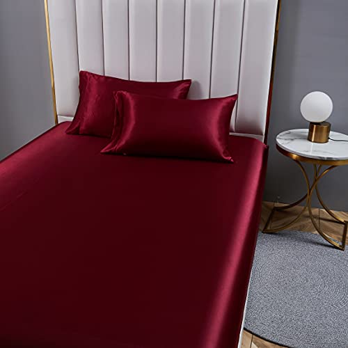 Damier Spannbettlaken 120x200cm Rot Weinrot Satin Seide Glänzend Bettlaken Hochwertiges Deluxe Unifarben Spannbetttuch… – Ansicht 2