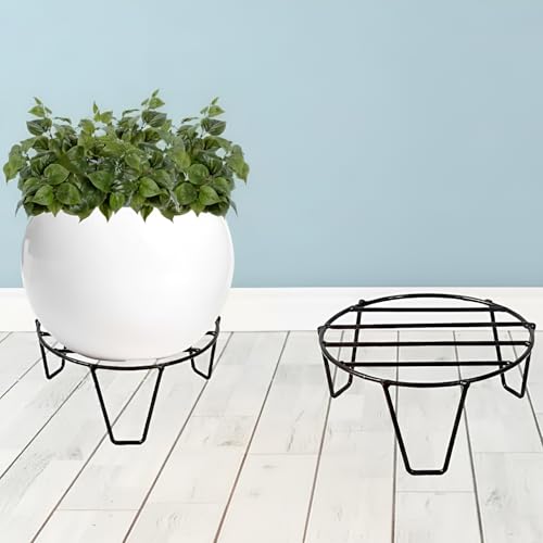 Image of Pivalo Round Plant Stand Galvanised Metal Gamla Support Corner Rack Display Shelf Indoor & Outdoor Flower Pot Holder for Planters Home Garden Balcony Decoration (Pack of 2, Black)