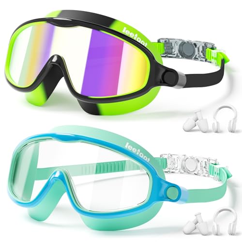 LEEIGGT 2 Pack Kids Swim Goggles, Anti-Fog UV Protection Swimming Goggles for Boys Girls Age 3-14, Leakproof Wide View Youth Goggles